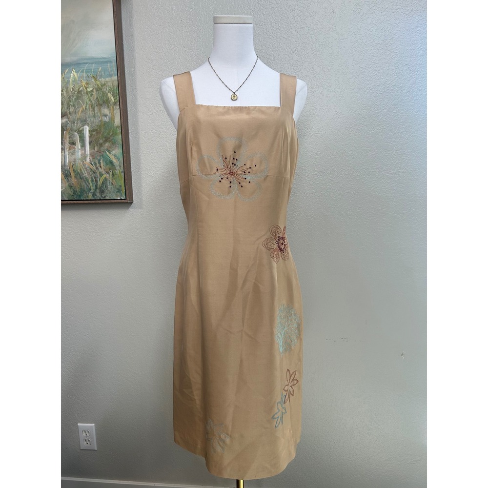 Vintage 100% Silk Floral Embroidered Beaded Sheath Dress Minimal Midi Size 8
